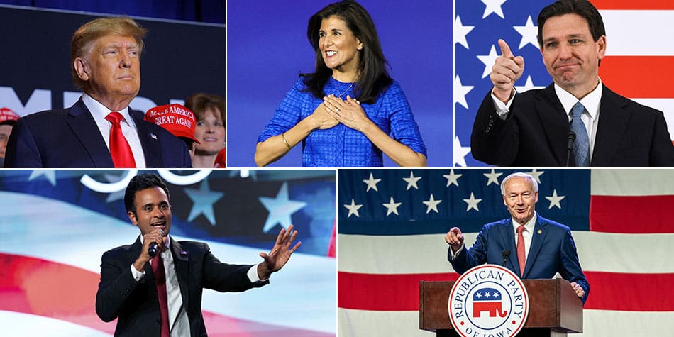 De izquierda a derecha, Donald Trump, Nikki Haley, Ron DeSantis, Vivek y Asa Hutchington (Collage)